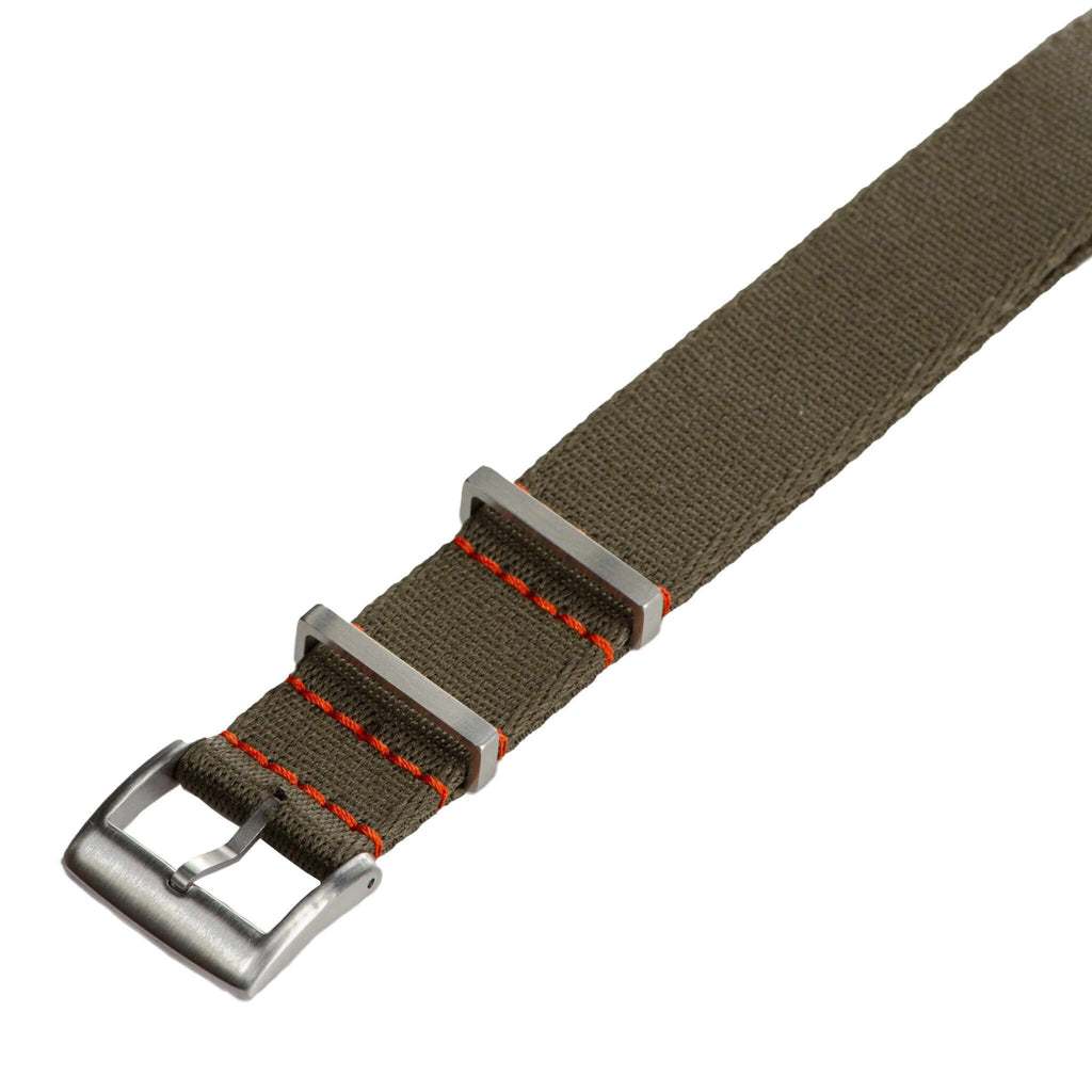 Eco-Friendly  Nylon Military  Watch Strap -  Dark Green  Orange Stitches - Recycled Military Watch Straps- Milano Straps