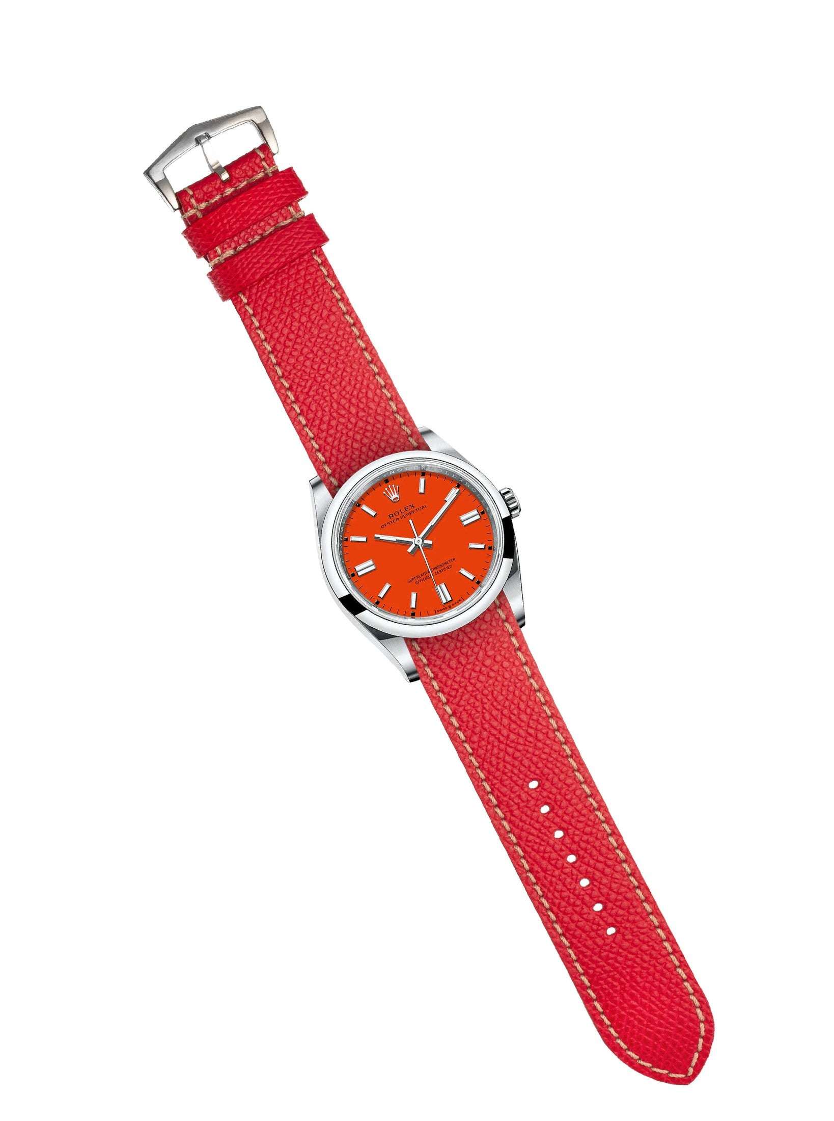Cinturino single pass rosso in vitello martellato, design a pezzo unico, Made in Italy — Milano Straps