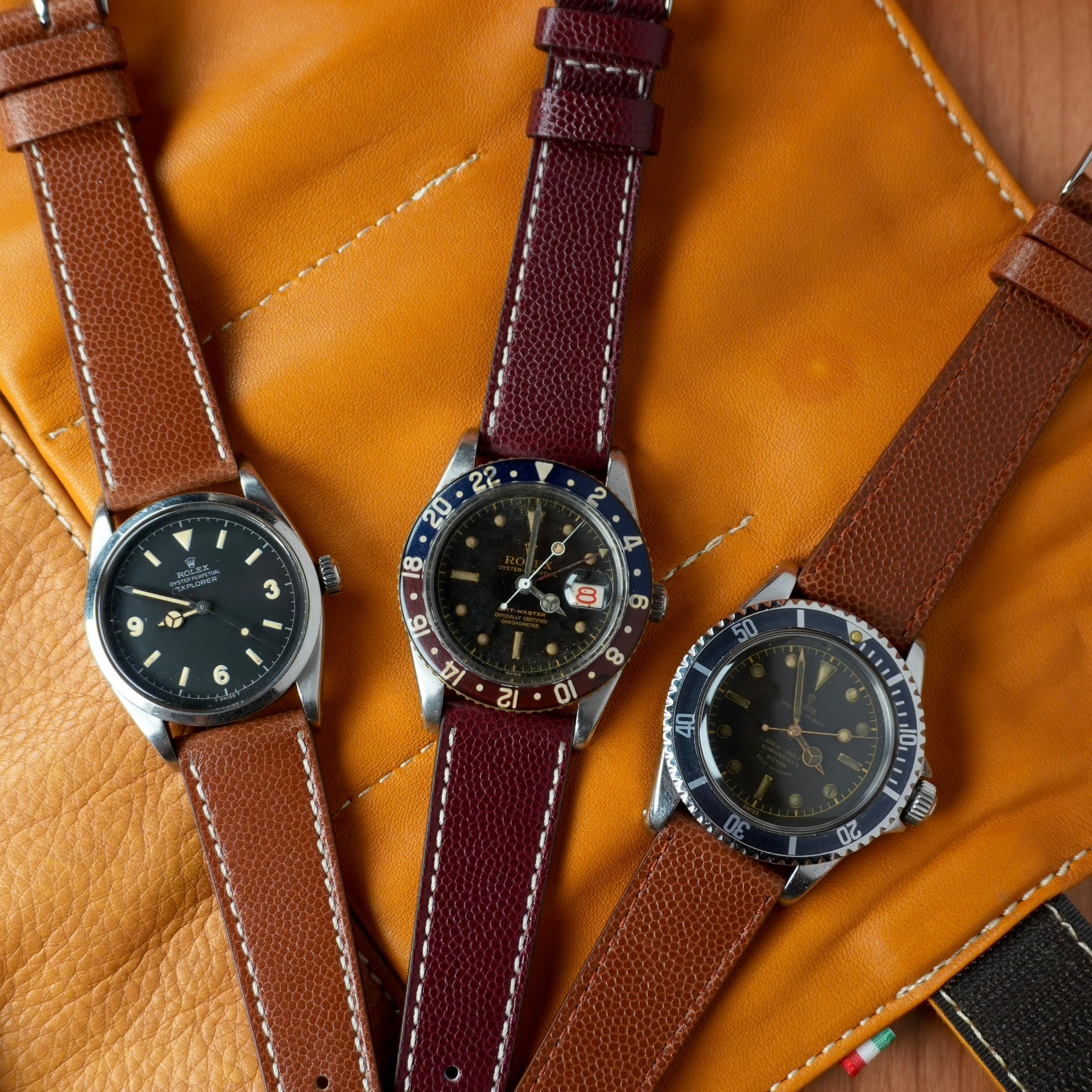 Brown Saffiano  Leather Tone Stitching  Watch Strap